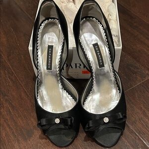 Caparros Black Satin Peep-Toe Heels